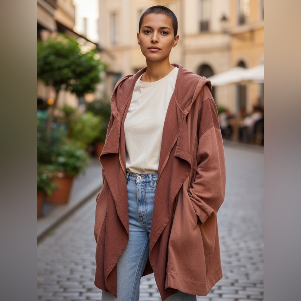 Free People oversized hooded jacket in a two-tone terracotta/rust color block